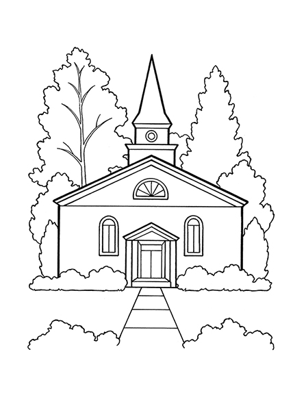 A black-and-white illustration of a church building with trees in the background.