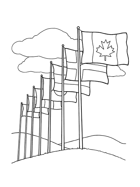 A black-and-white illustration of seven flags, representing various countries, with clouds in the sky above.