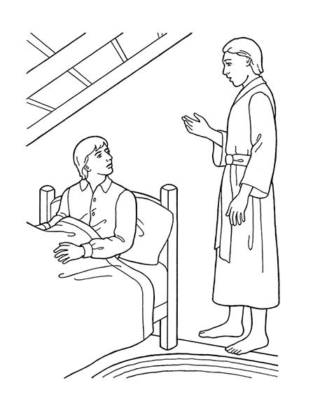 A black-and-white illustration of the angel Moroni appearing at the bedside of young Joseph Smith.