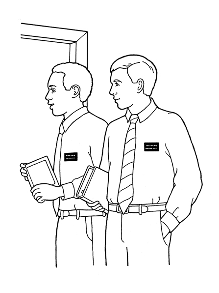 A black-and-white illustration of two young male missionaries, with books in hand, knocking on a door.