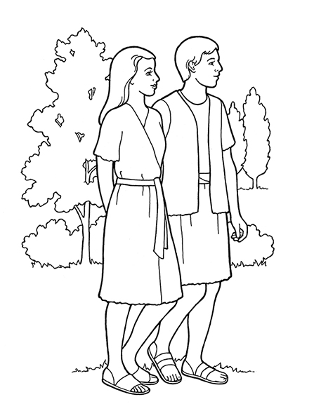 A black-and-white illustration of Adam and Eve in the Garden of Eden, with trees and bushes in the background.