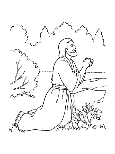 A black-and-white illustration of Jesus Christ kneeling and praying in the Garden of Gethsemane.
