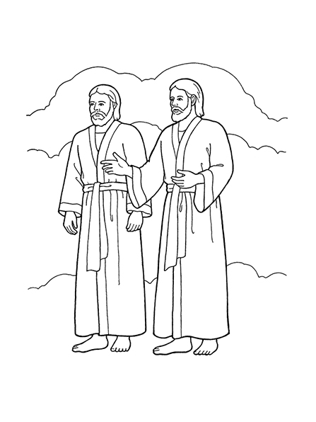 A black-and-white illustration of Heavenly Father and Jesus Christ, wearing robes, standing side-by-side with hands outstretched.