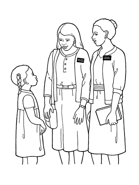 A black-and-white illustration of two female missionaries wearing skirts,  sweaters, and name badges, talking to a young girl.