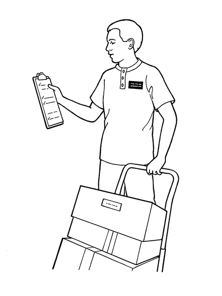 A black-and-white illustration of a young man wearing a missionary badge on a T-shirt, holding a clipboard, and pulling a dolly stacked with boxes.