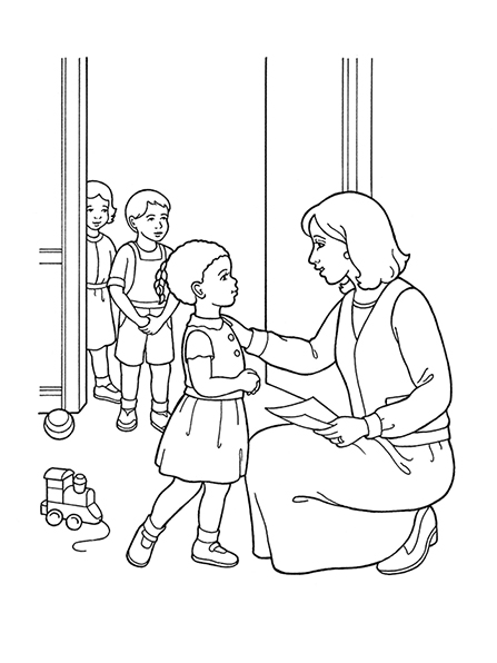 A black-and-white illustration of a nursery leader greeting a small girl with toys on the floor and two other children standing in the doorway.