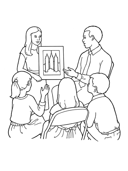 A black-and-white illustration of a male teacher and a female teacher showing a Primary class of three children a picture of the Salt Lake Temple.