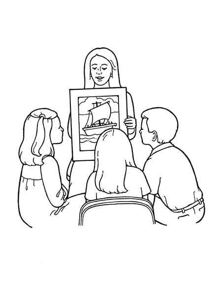 A black-and-white illustration of a Primary teacher showing a picture of a boat to three children.