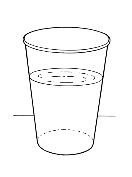 A black-and-white illustration of a glass two-thirds full of water sitting on a table or ledge.