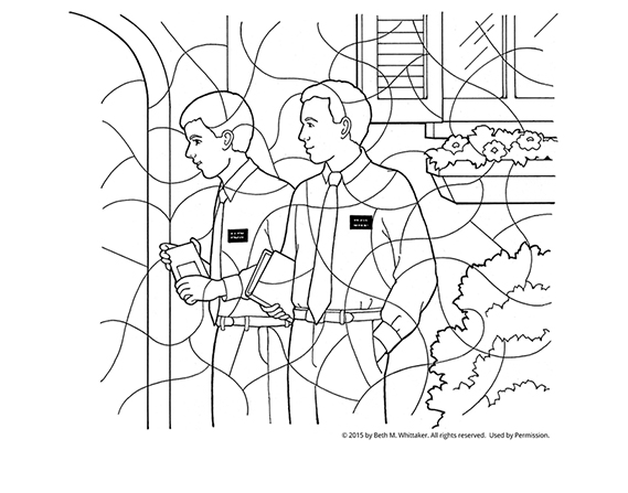 A black-and-white coloring page of two elder missionaries standing and holding scriptures outside a house door.