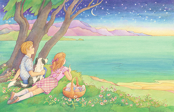 A watercolor illustration of a young boy, a young girl, and a black and white dog lying on a bank of grass overlooking the sea, with the moon and stars beyond.