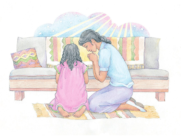 A watercolor illustration of a mother and daughter kneeling to pray on a woven rug next to a couch.