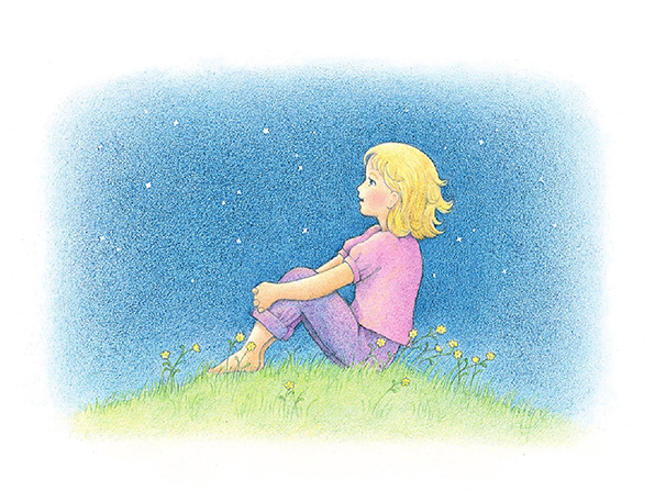 A watercolor illustration of a girl with blond hair sitting barefoot on a grassy hill, looking up at the stars in the night sky.