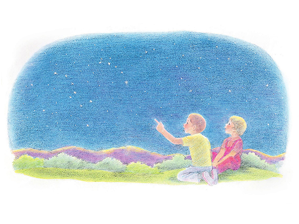 A watercolor illustration of a boy and girl kneeling on the grass, pointing at the stars in a deep blue sky overhead.