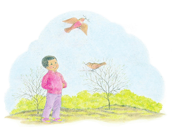 A watercolor illustration of a boy in a red windbreaker standing among trees that have lost their leaves and looking up at a bird with a branch in its beak.