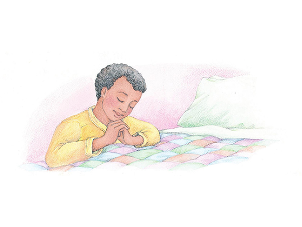 A watercolor illustration of a boy with black hair kneeling by his bed to pray.