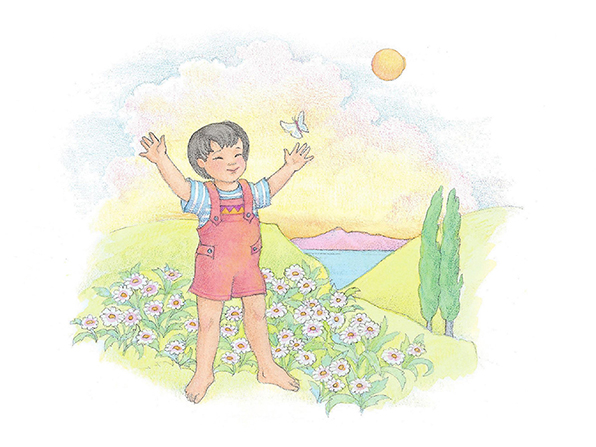 A watercolor illustration of a small boy with black hair standing in a meadow of flowers and reaching toward a butterfly.