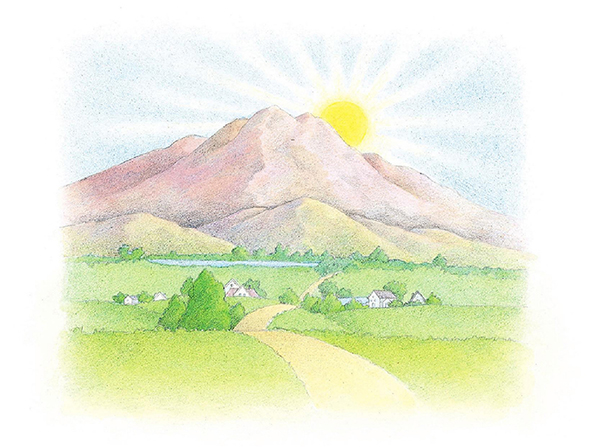 A watercolor illustration of rolling hills of farm landscape in front of a tall mountain half-blocking a rising sun.