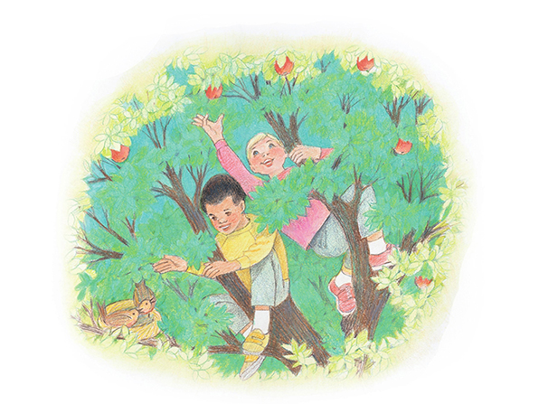 A watercolor illustration of a boy and a girl in the branches of an apple tree, reaching out to pick apples while looking at a nest of birds.