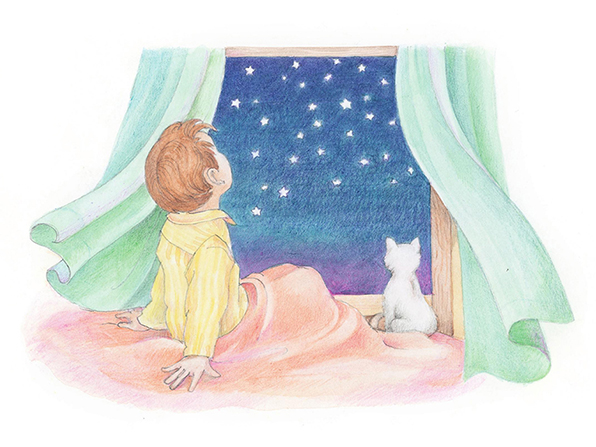A watercolor illustration of a boy in yellow pajamas and his pet cat looking out a window at the stars in the night sky.