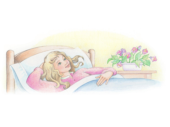 A watercolor illustration of a girl with blond hair lying in bed, with a bowl of flowers next to her.