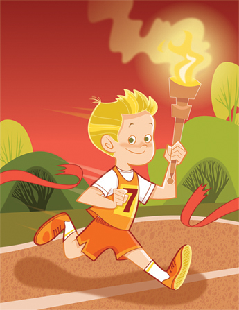 An illustration of a young boy wearing a jersey, running through a red-ribbon finish line and carrying an Olympic torch.