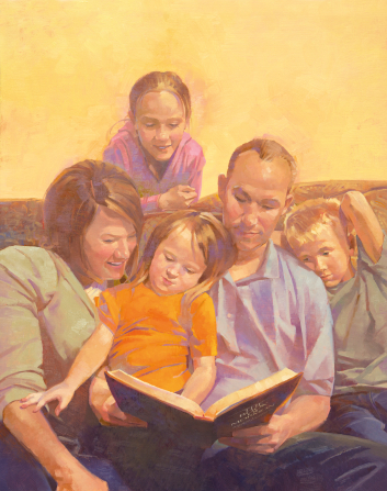 An illustration of a father sitting on a couch and reading a book to his wife, son, and two daughters.