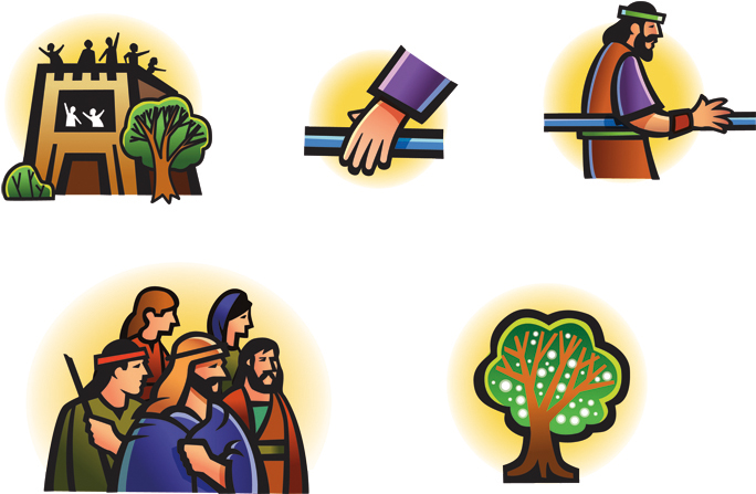 Five clip art images from Lehi’s dream: the great and spacious building, a hand on the rod, Nephi holding the rod, Lehi’s family, and the tree of life.