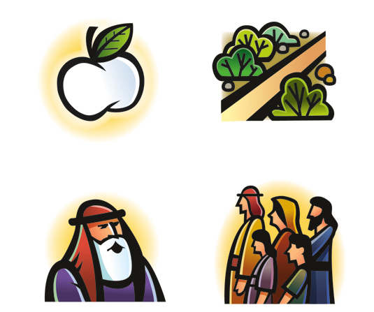Four clip art images from Lehi’s dream: the fruit, the path, Lehi, and Lehi’s family.