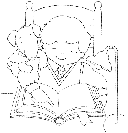 An illustration of a boy sitting in a chair at a table and reading from his scriptures, with a lamp on one side and his dog on the other.