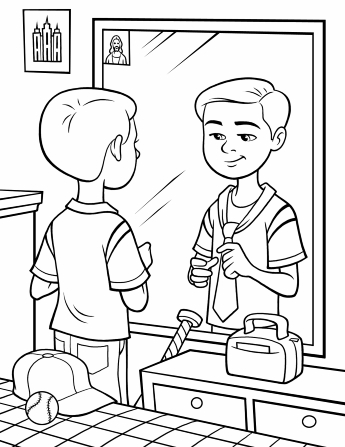 An illustration of a boy standing by his bed in front of a mirror, practicing tying a tie.