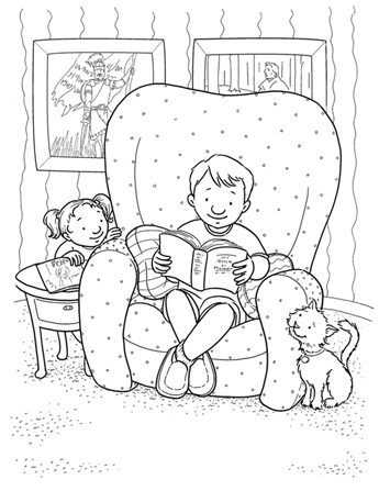 An illustration of a young boy sitting in a large armchair, reading his scriptures, with his sister peeking from behind the chair and his cat looking up at him.