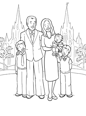 An illustration of a mother and father with their three children standing in front of the San Diego California Temple.