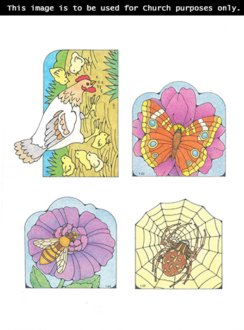 Primary cutouts of a chicken standing with her chicks, an orange butterfly, a bee on a purple flower, and a spider on a spiderweb.