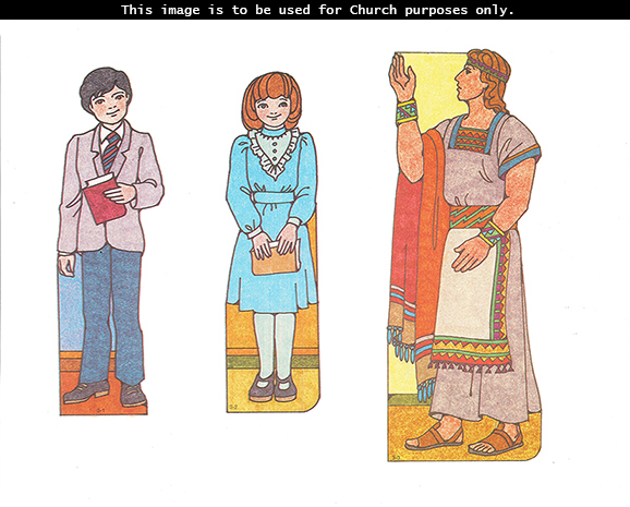 Primary cutouts of a boy standing in a suit and tie, a girl standing in a blue dress and holding scriptures, and Alma the Younger standing with a raised arm.