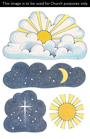 Primary cutouts of a sun shining through clouds, a moon surrounded by stars, the bright star seen in Bethlehem, and a yellow sun with an orange center.