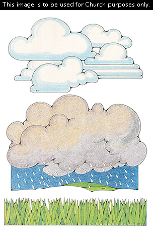 Primary cutouts of white clouds, rain falling from gray clouds, and grass in different shades of green.
