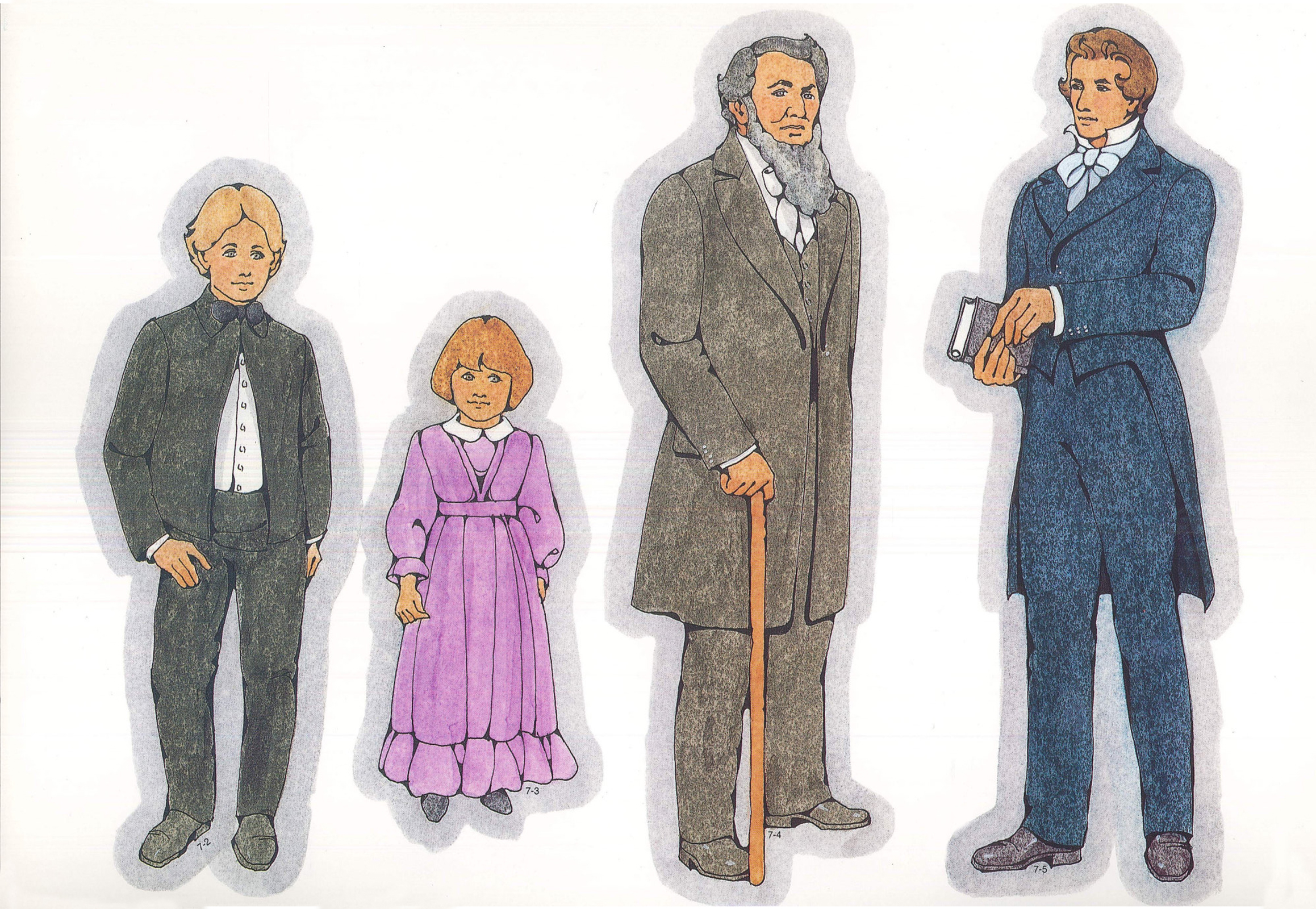 Primary Visual Aids: Cutouts 7-2, Young Pioneer Boy; 7-3, Young Pioneer Girl; 7-4, Brigham Young ...