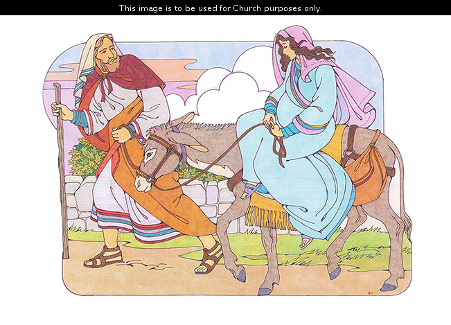 A Primary cutout of Joseph holding a staff and walking beside a gray donkey with Mary, his pregnant wife, riding on it.