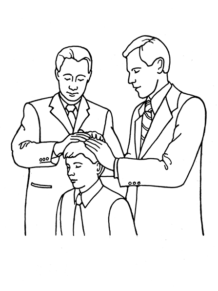 A black-and-white illustration of a young man receiving the Melchizedek Priesthood though the laying on of hands.