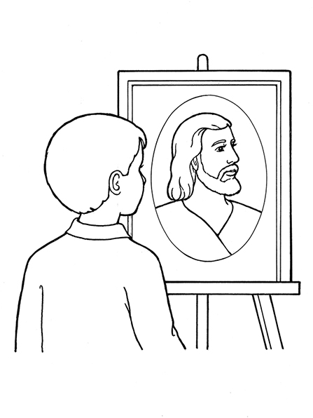 A black-and-white illustration of a young boy looking at a picture of of Christ, who is looking off to the side.