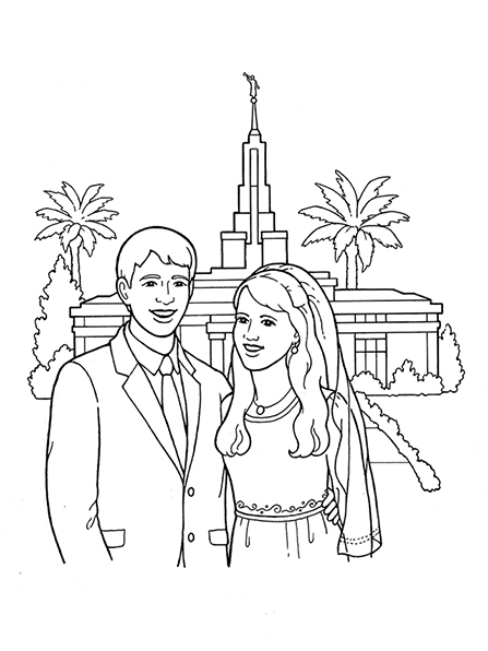A black-and-white illustration of a bride and groom standing together in front of a temple with palm trees in the foreground.