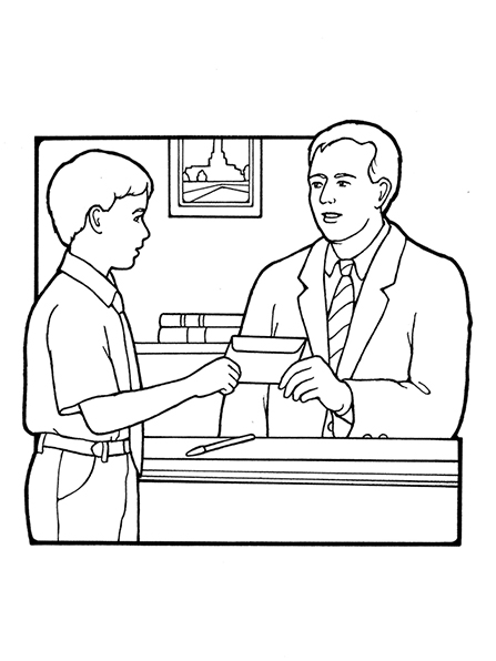 A black-and-white illustration of a young boy handing a tithing envelope to his bishop in the bishop's office.