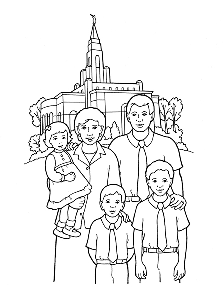 A black-and-white illustration of a husband and wife with two young boys and a baby girl, standing in front of a temple.