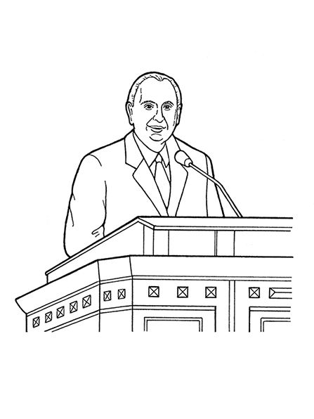 A black-and-white illustration of latter-day prophet Thomas S. Monson speaking at general conference.