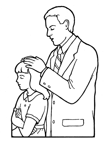 A black-and-white illustration of a young girl, with arms folded, being confirmed by a man through the laying on of hands.