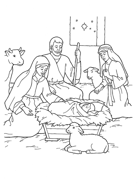 A black-and-white illustration of the first Christmas with Mary, Joseph, baby Jesus, a shepherd, and a few animals in the hay.