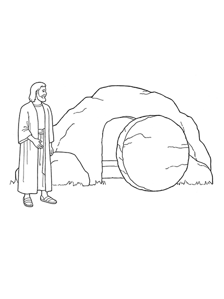 A black-and-white illustration of Jesus Christ standing outside of the empty tomb with the stone rolled away.