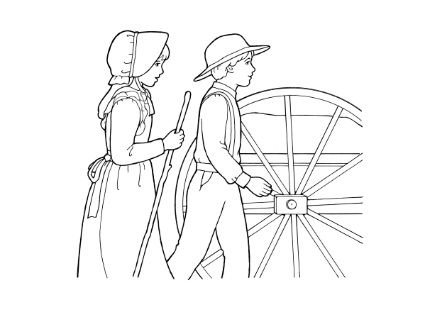 A black-and-white illustration of a young pioneer boy and young pioneer girl walking near the wheel of a handcart.