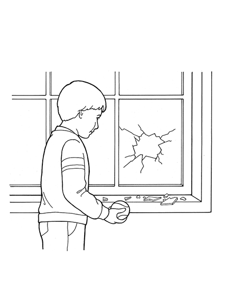 A black-and-white illustration of a young boy holding a baseball, which has just gone through a window and made a large hole.